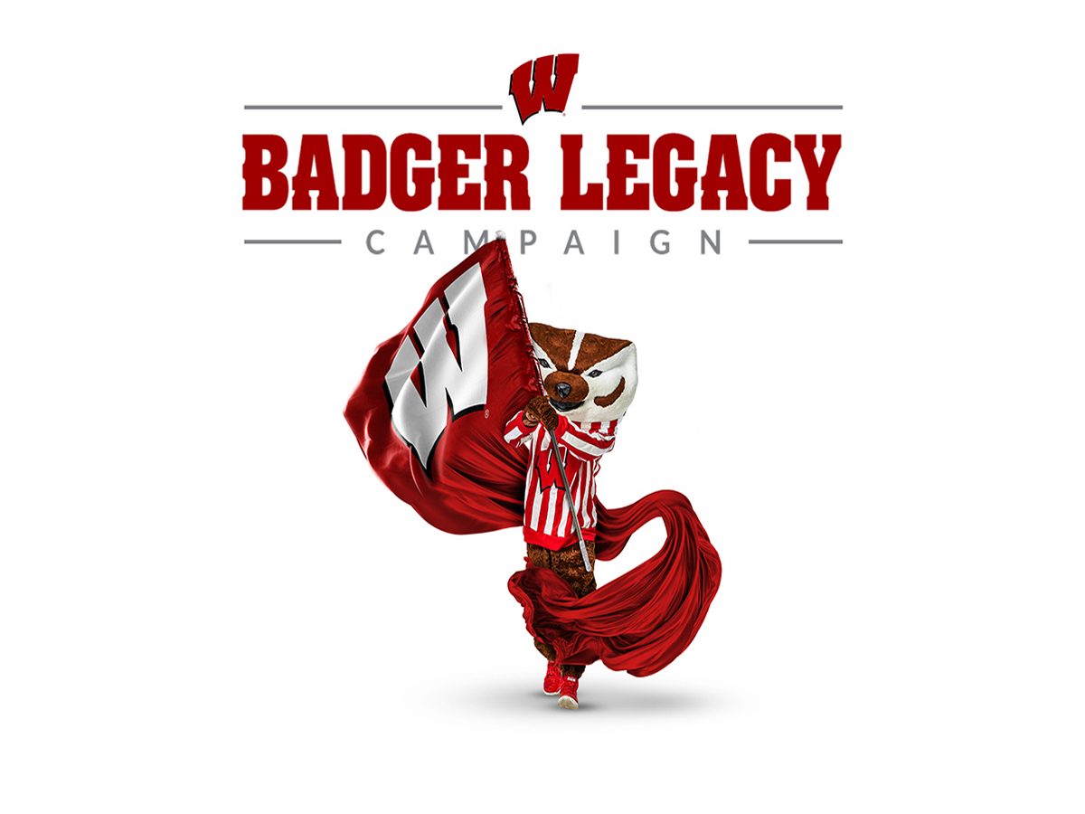 Bucky Badger Holding a Flag with the words Badger Legacy Campaign above it.
