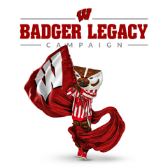 The Wisconsin Athletics Motion W logo above the words Badger Legacy Campaign above Bucky Badger carrying a red flag with the same logo on it.